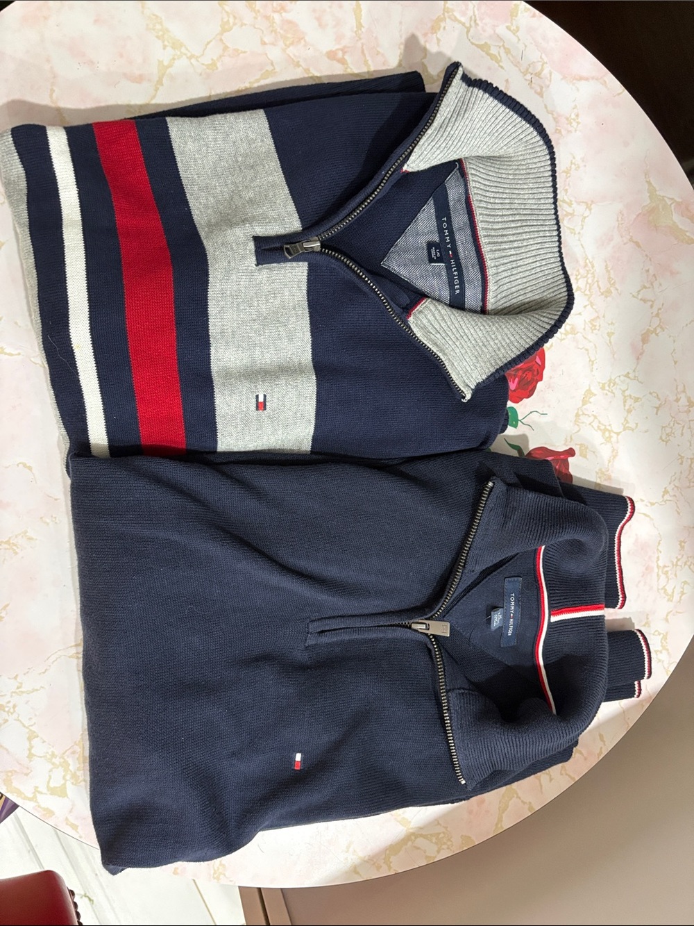 Tommy Hilfiger Men’s Navy Zip-Up Sweaters with Red & Gray Accents